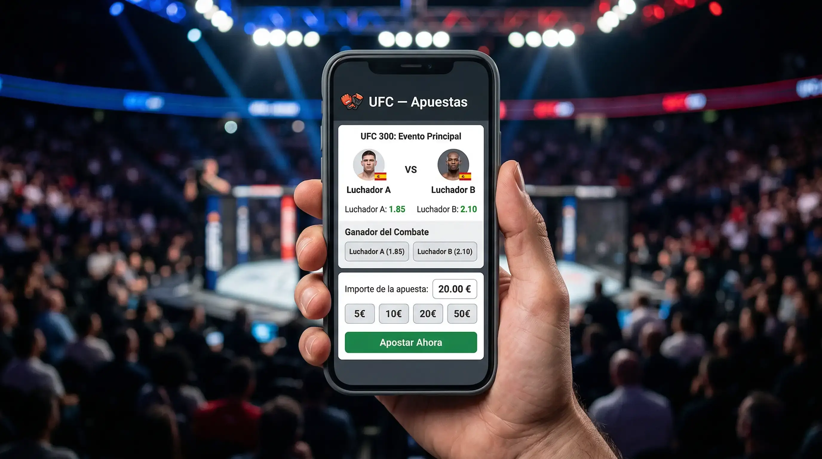 Smartphone mostrando aplicación de apuestas UFC en pantalla