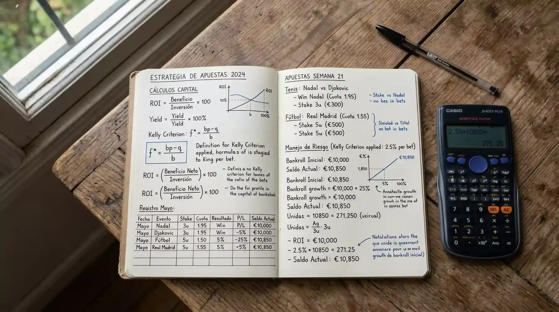 Cuaderno de registro de apuestas con cálculos de bankroll